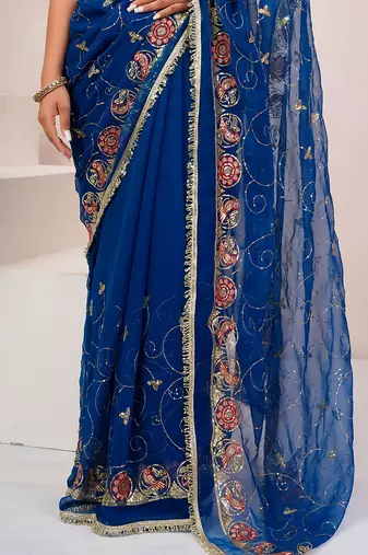 Blue georgette saree with aari & sequins work
