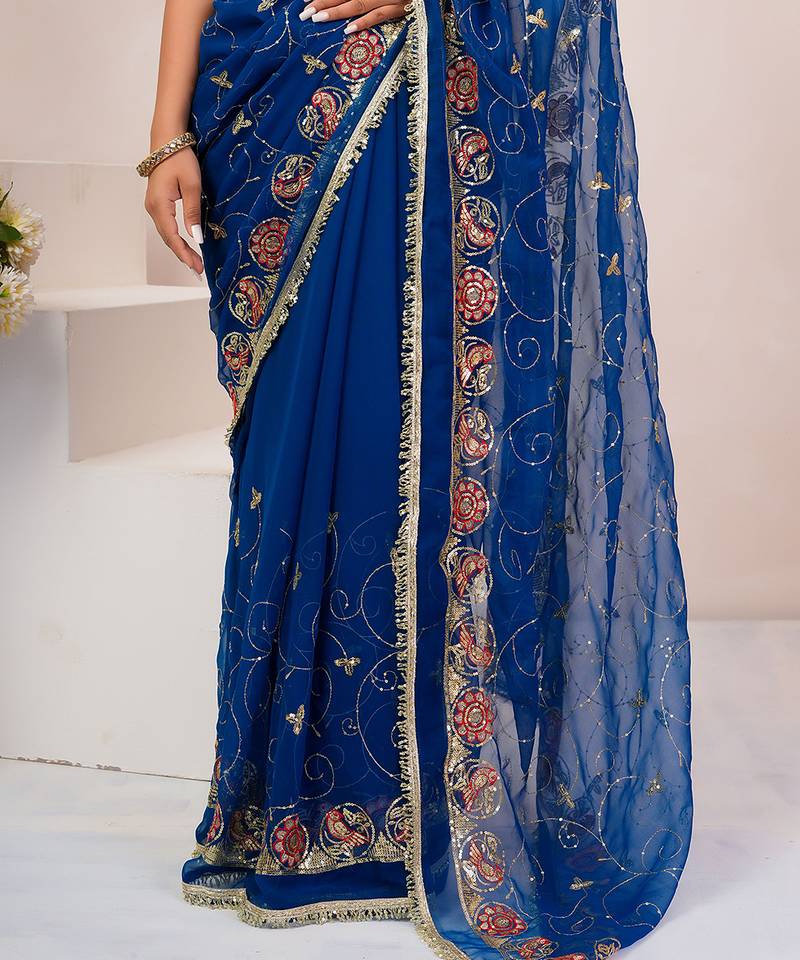 Blue georgette saree with aari & sequins work