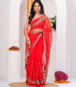 Red georgette saree with aari & sequins work