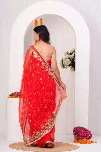 Red georgette saree with aari & sequins work
