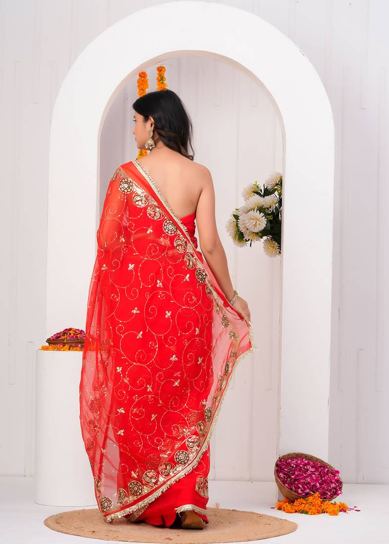 Red georgette saree with aari & sequins work