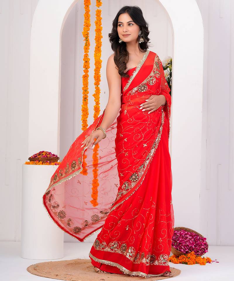 Red georgette saree with aari & sequins work