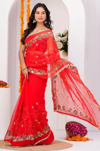 Red georgette saree with aari & sequins work