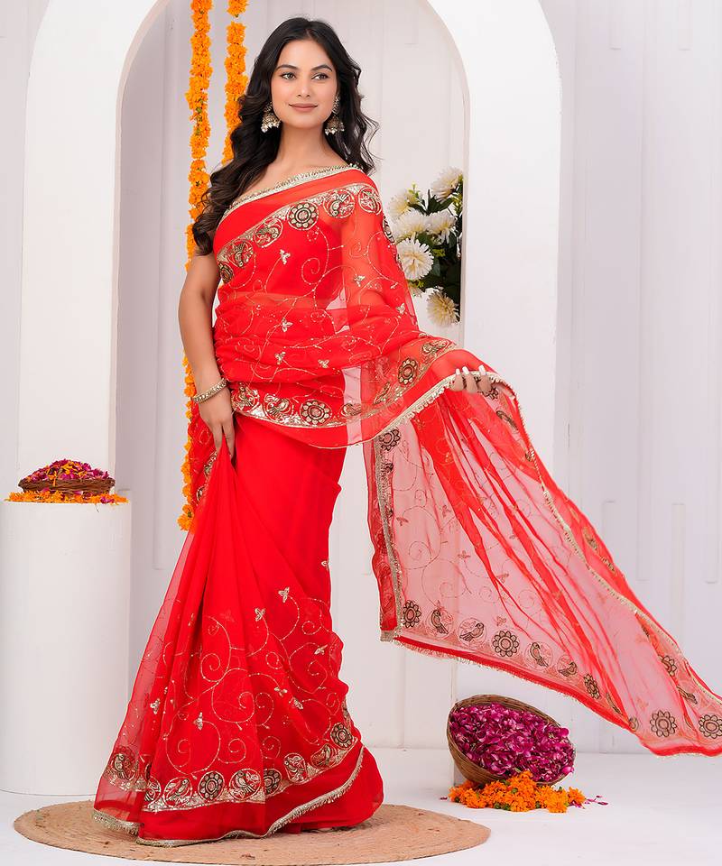 Red georgette saree with aari & sequins work
