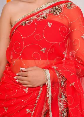 Red georgette saree with aari & sequins work 5