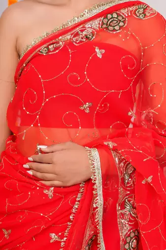 Red georgette saree with aari & sequins work