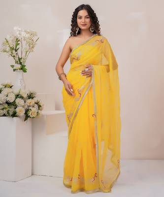 Yellow georgette saree with aari work 1