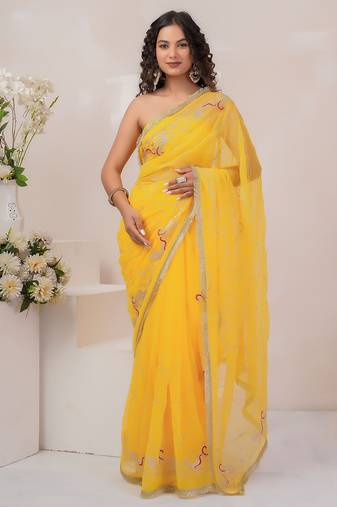 Yellow georgette saree with aari work