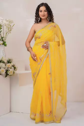 Yellow georgette saree with aari work