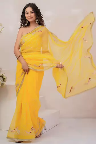 Yellow georgette saree with aari work
