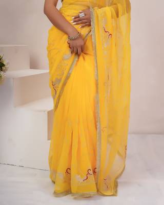 Yellow georgette saree with aari work 5