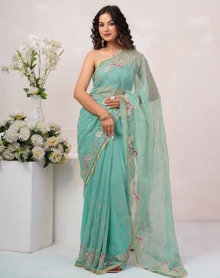 Teal blue georgette saree with aari work 1