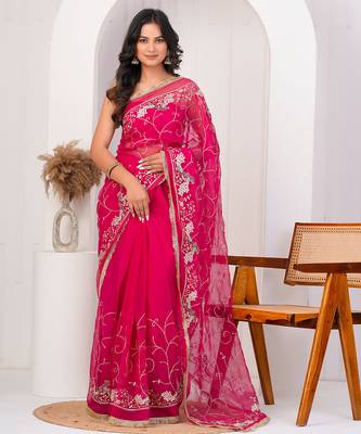 Magenta pink georgette saree with aari work 1
