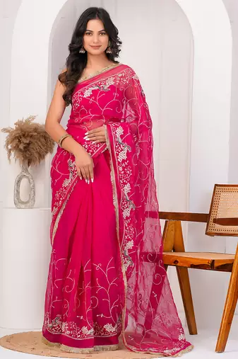 Magenta pink georgette saree with aari work
