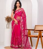 Magenta pink georgette saree with aari work