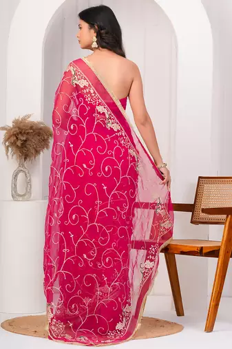 Magenta pink georgette saree with aari work