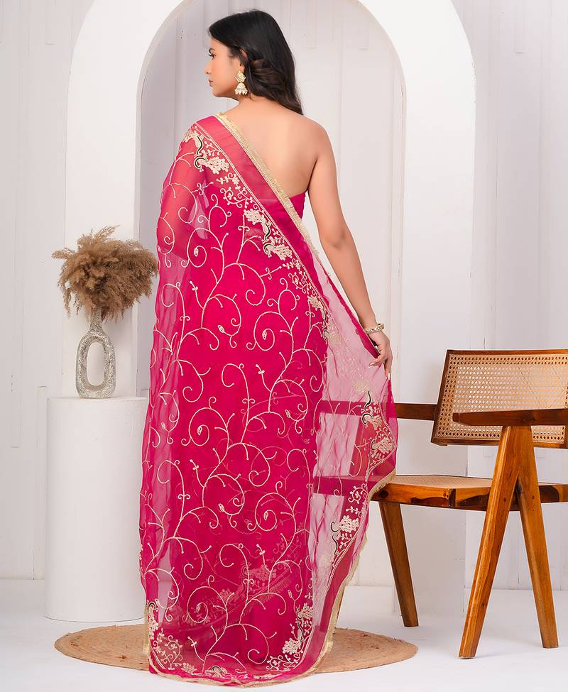 Magenta pink georgette saree with aari work