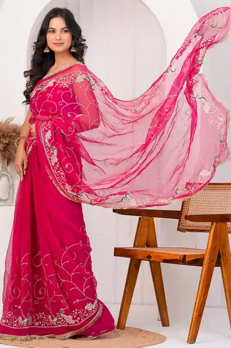 Magenta pink georgette saree with aari work