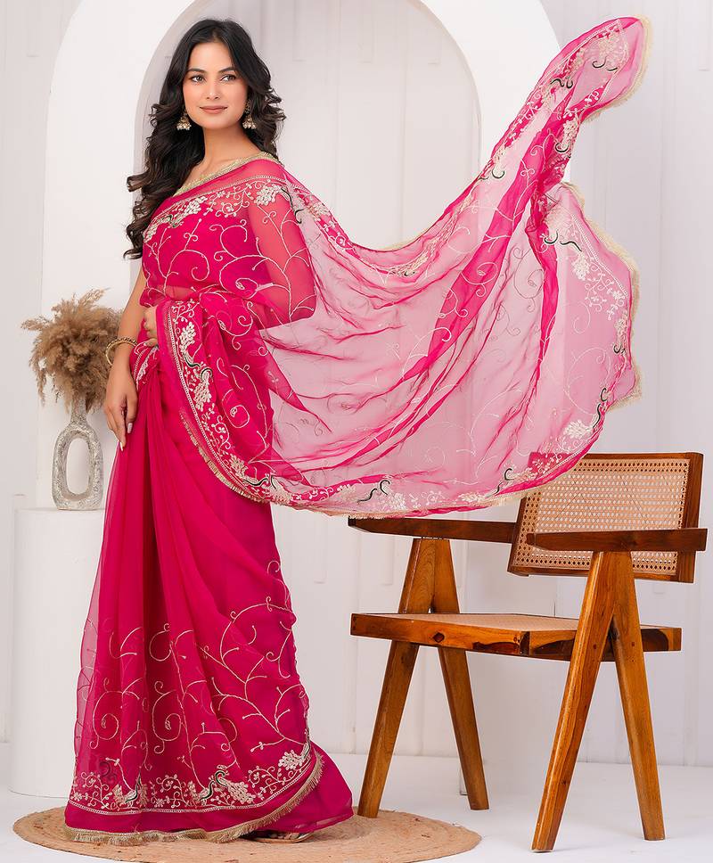 Magenta pink georgette saree with aari work