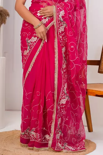 Magenta pink georgette saree with aari work