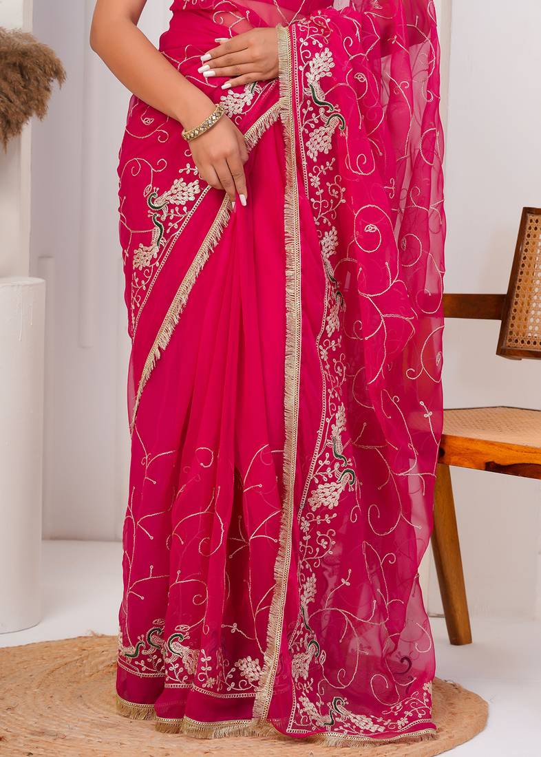 Magenta pink georgette saree with aari work