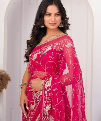 Magenta pink georgette saree with aari work 5
