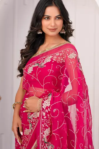 Magenta pink georgette saree with aari work