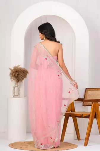 Pink georgette saree with aari work