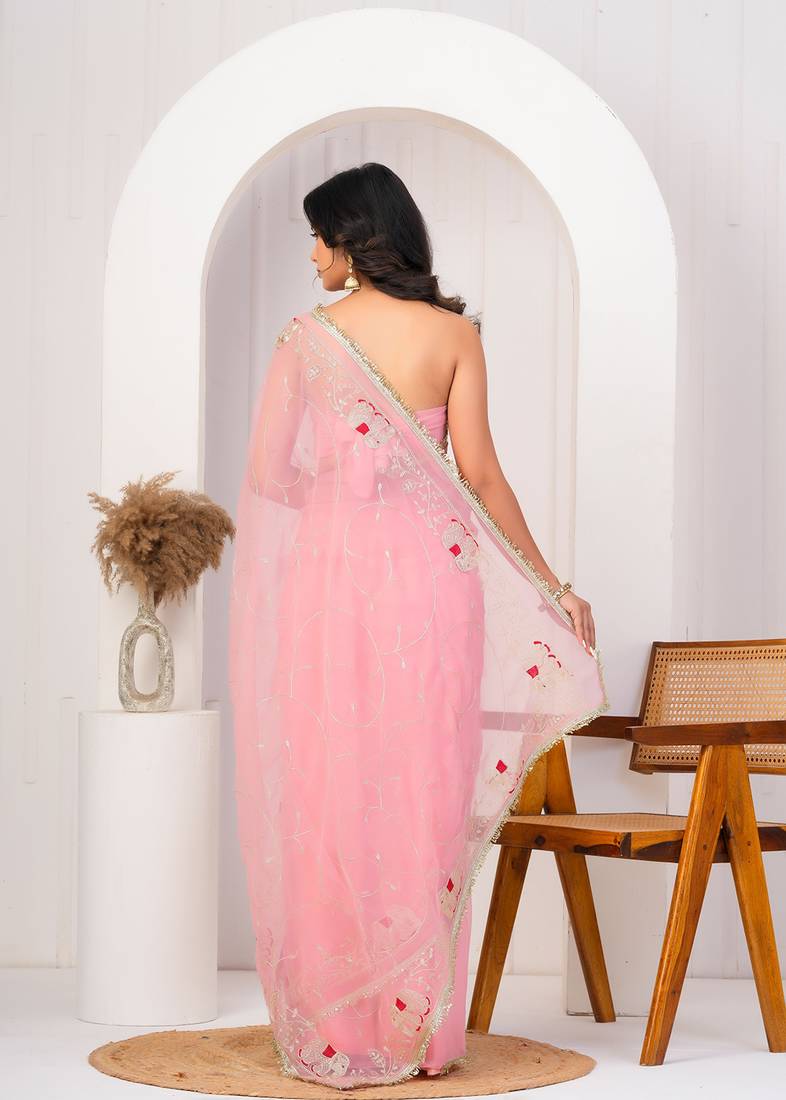 Pink georgette saree with aari work