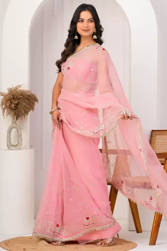Pink georgette saree with aari work