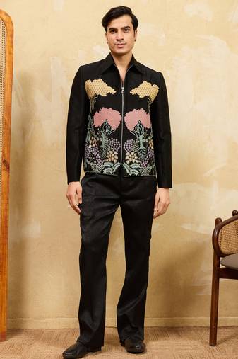 Black velvet multi thread & sequence embroidered wok jacket with unstitched pant