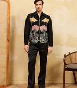 Black velvet multi thread & sequence embroidered wok jacket with unstitched pant