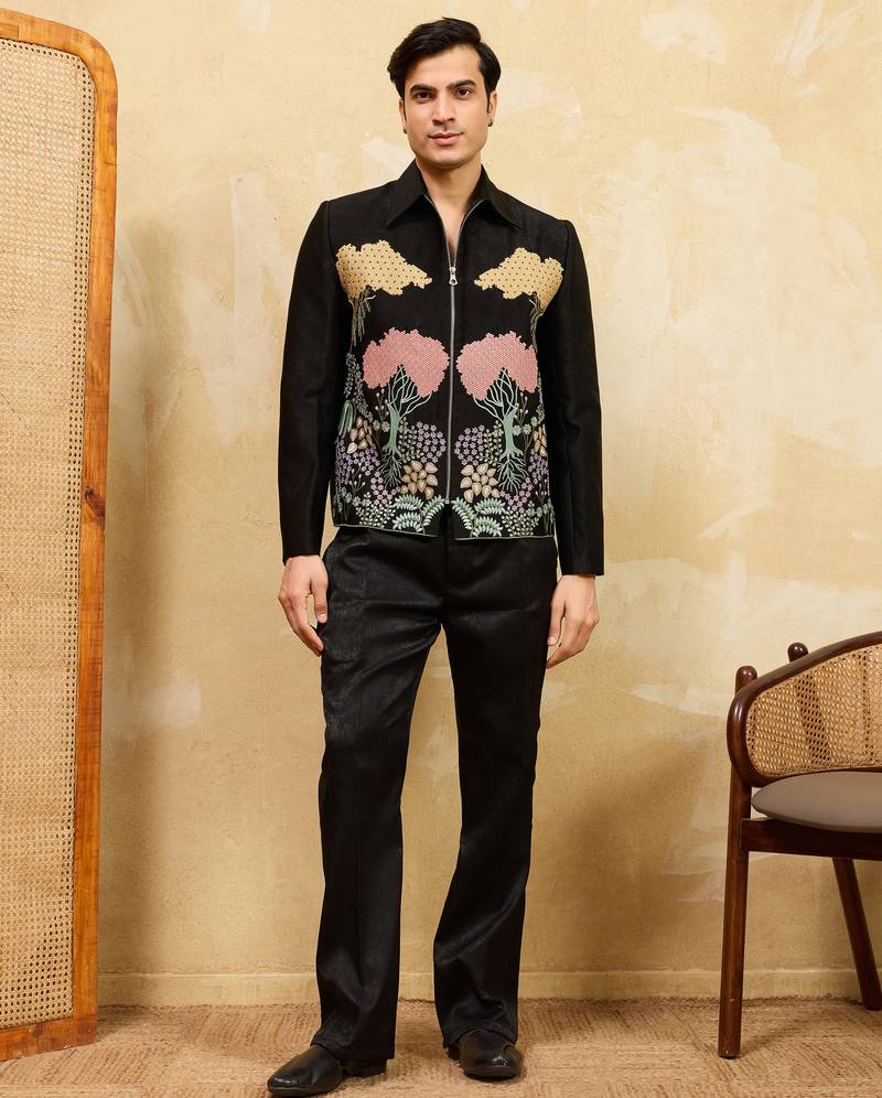 Black velvet multi thread & sequence embroidered wok jacket with unstitched pant
