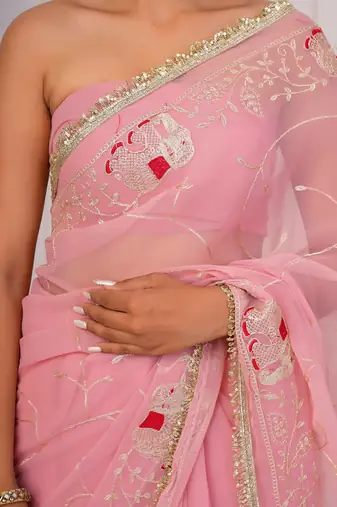 Pink georgette saree with aari work