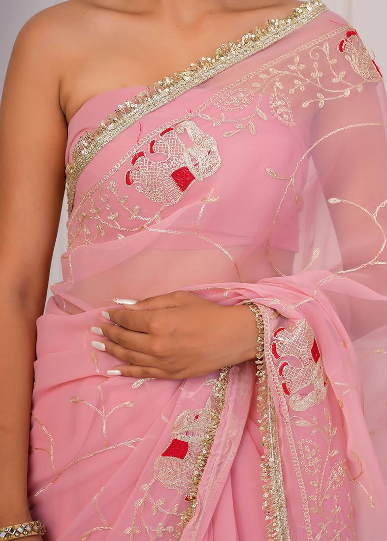 Pink georgette saree with aari work