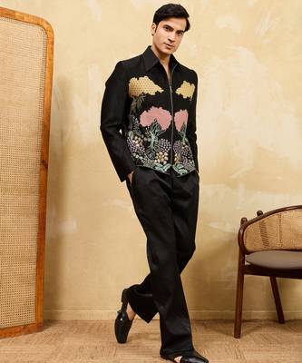 Black velvet multi thread & sequence embroidered wok jacket with unstitched pant 2