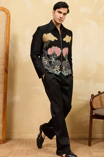 Black velvet multi thread & sequence embroidered wok jacket with unstitched pant