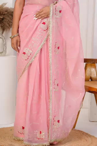 Pink georgette saree with aari work