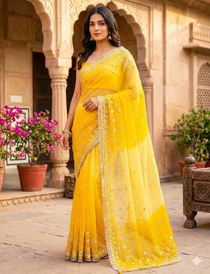 Yellow shaded chiffon saree with gota patti work 1