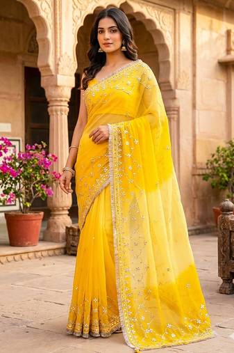 Yellow shaded chiffon saree with gota patti work