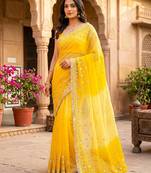 Yellow shaded chiffon saree with gota patti work