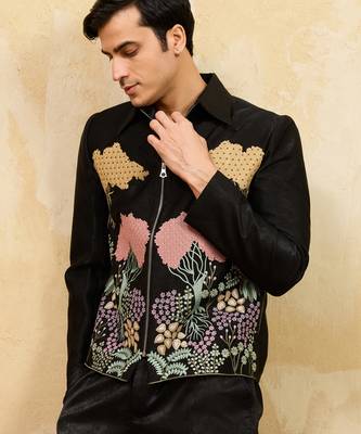 Black velvet multi thread & sequence embroidered wok jacket with unstitched pant 3