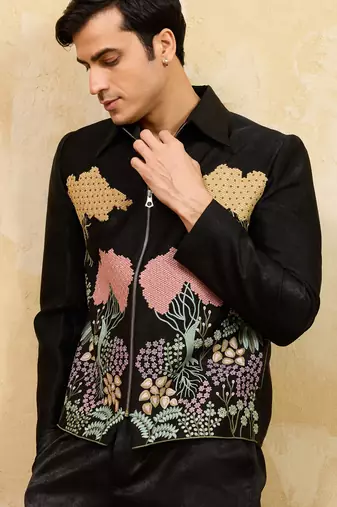 Black velvet multi thread & sequence embroidered wok jacket with unstitched pant
