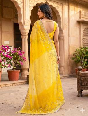 Yellow shaded chiffon saree with gota patti work 2
