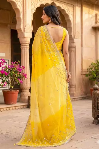 Yellow shaded chiffon saree with gota patti work