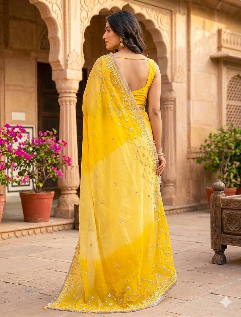 Yellow shaded chiffon saree with gota patti work