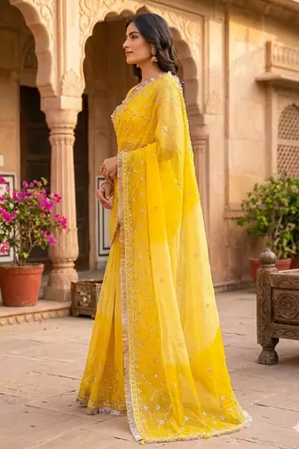 Yellow shaded chiffon saree with gota patti work