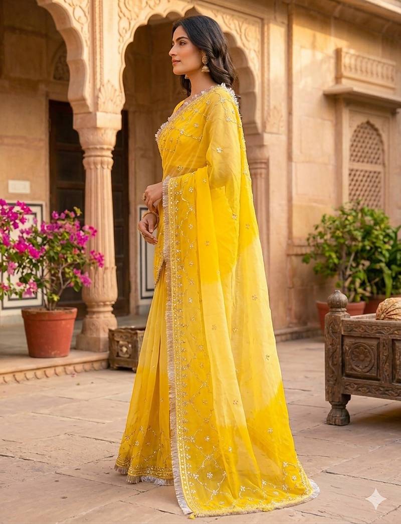 Yellow shaded chiffon saree with gota patti work