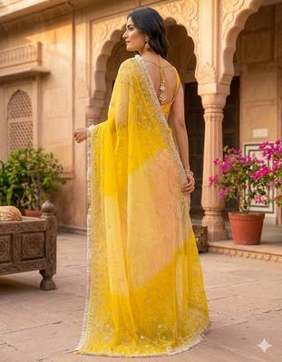 Yellow shaded chiffon saree with gota patti work 4