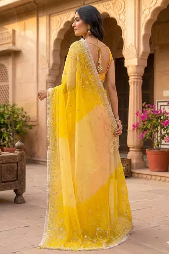 Yellow shaded chiffon saree with gota patti work